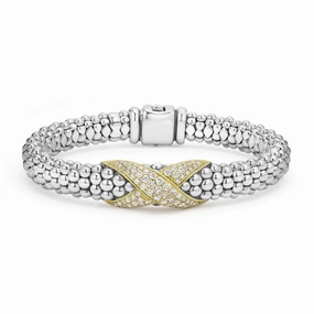 Lagos Embrace Two-Tone Diamond X Caviar Bracelet, 9mm