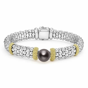 Lagos Luna Two-Tone Tahitian Black Pearl Caviar Bracelet, 9mm