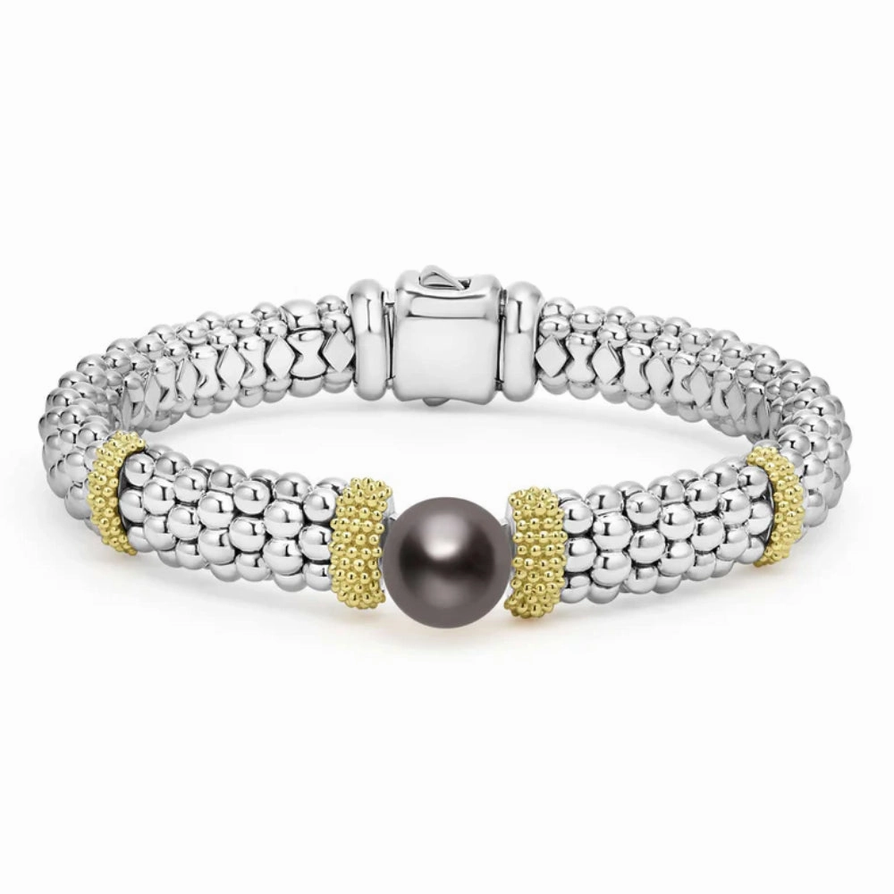 Lagos Luna Two-Tone Tahitian Black Pearl Caviar Bracelet, 9mm