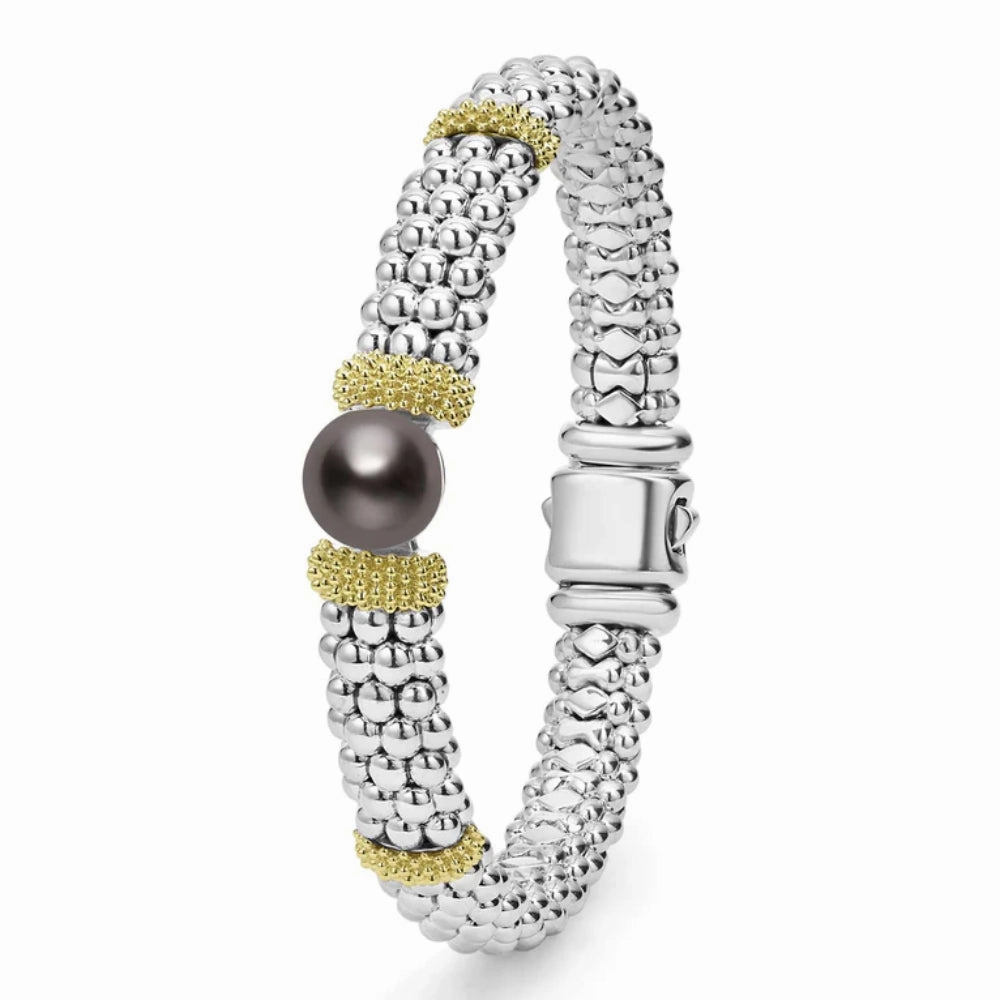Lagos Luna Two-Tone Tahitian Black Pearl Caviar Bracelet, 9mm