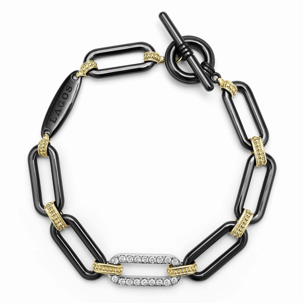 Lagos Signature Caviar 18k Gold and Black Ceramic Diamond Station Link Bracelet
