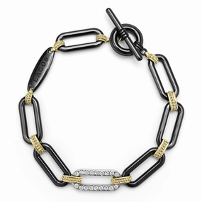 Lagos Signature Caviar 18k Gold and Black Ceramic Diamond Station Link Bracelet