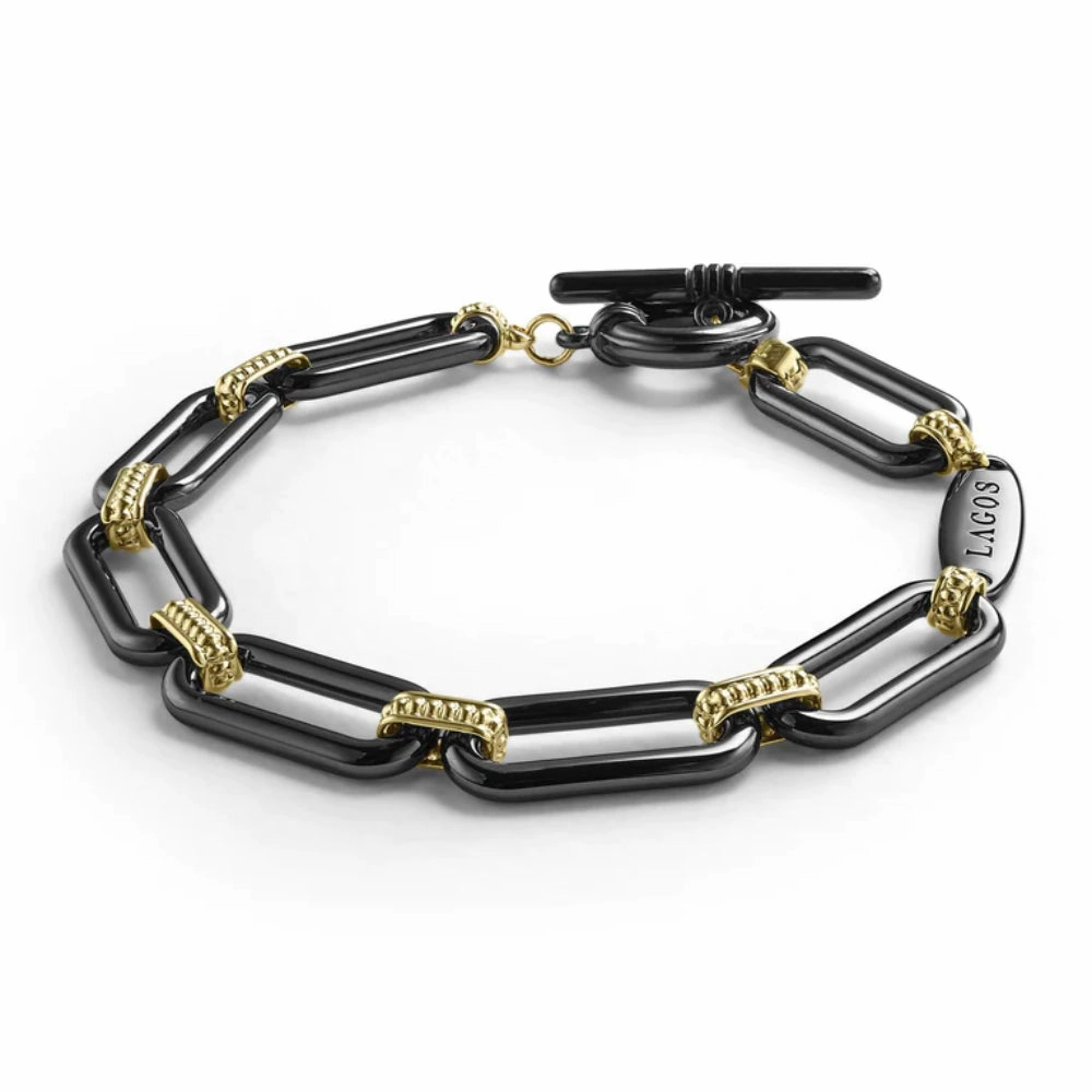 Lagos Signature Caviar 18k Gold and Black Ceramic Link Bracelet