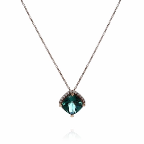 Lisa Nik 18k Rose Gold Cushion Indicolite and Diamond Halo Pendant Necklace