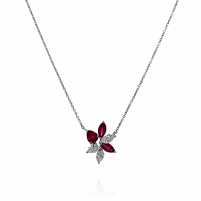 Lisa Nik 18k White Gold Flower Design Ruby and Diamond Pendant Necklace