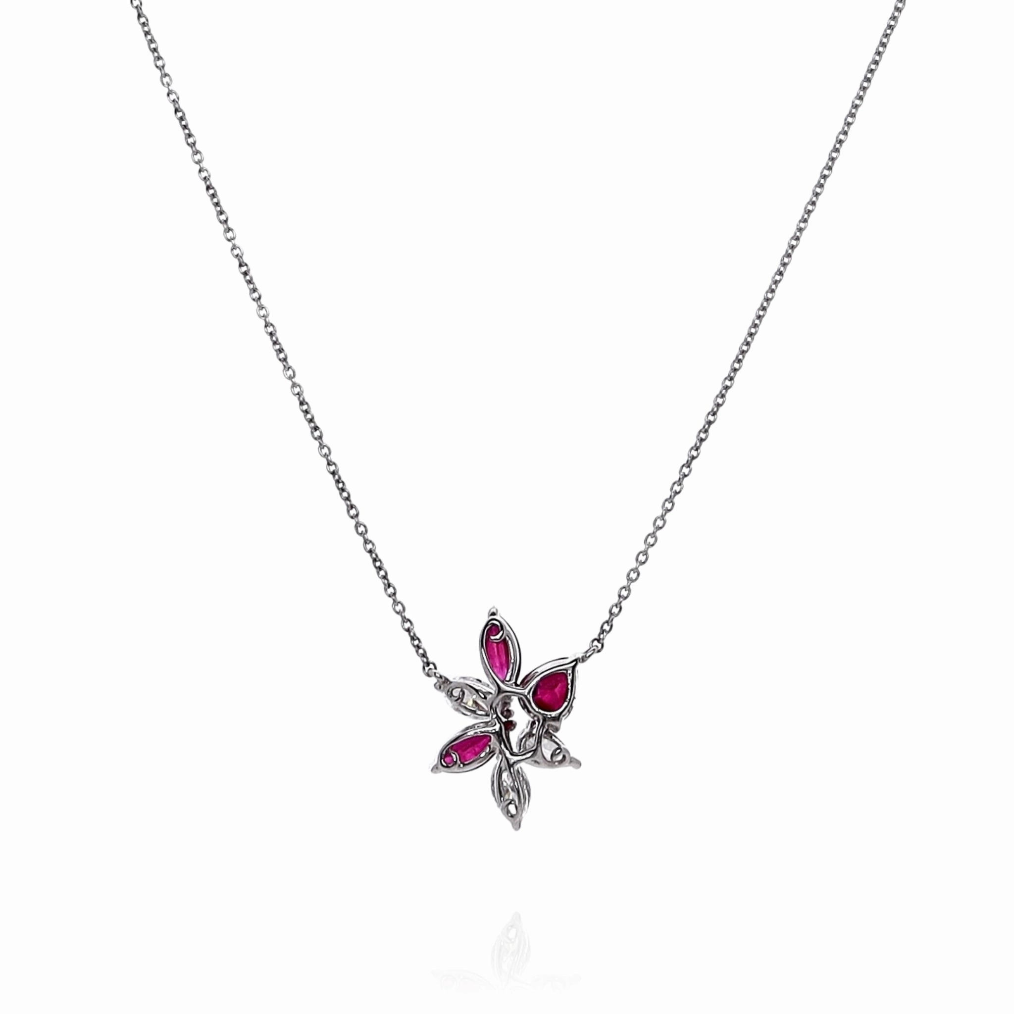 Lisa Nik 18k White Gold Flower Design Ruby and Diamond Pendant Necklace