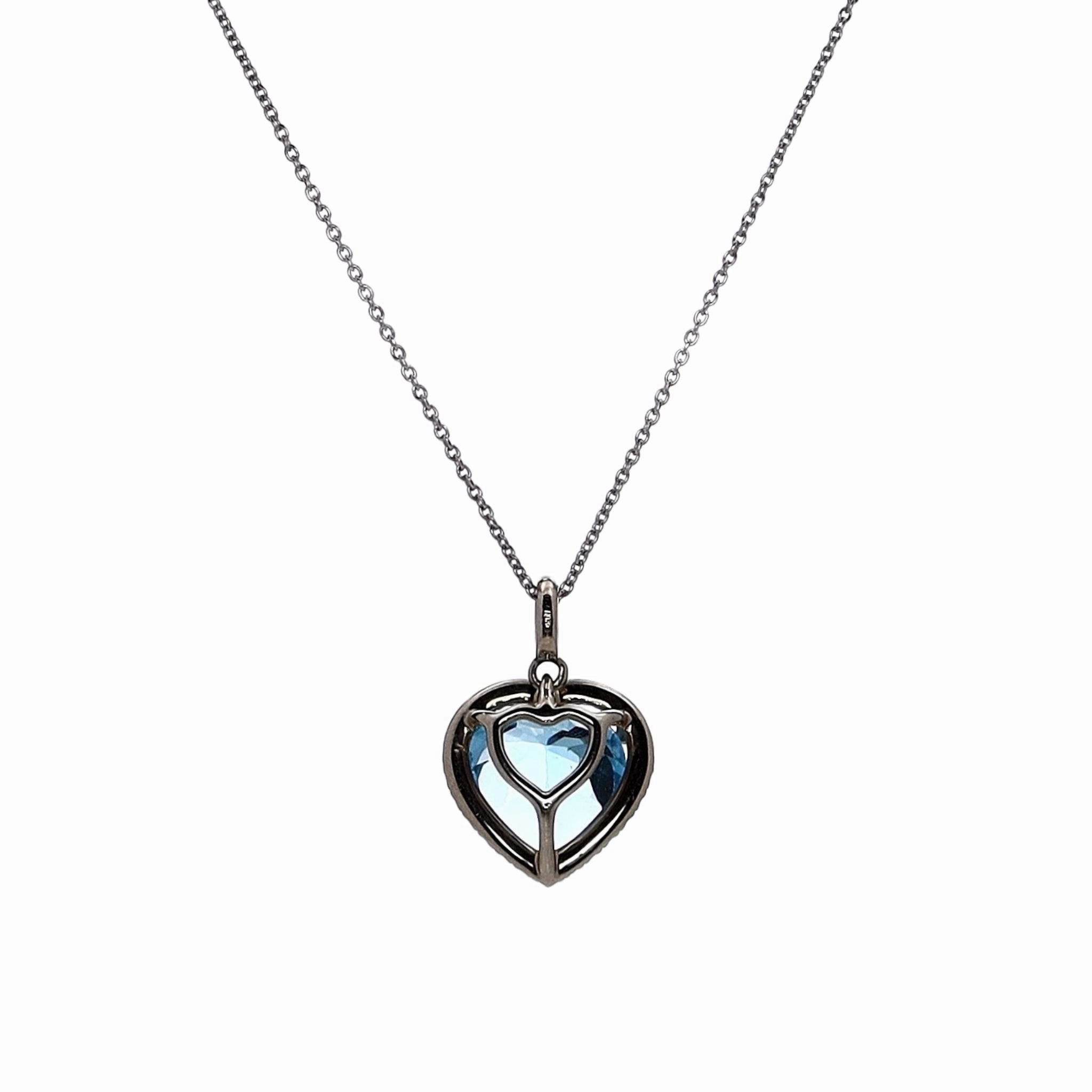 Lisa Nik 18k White Gold Heart Shaped Blue Topaz and Diamond Halo Pendant Necklace