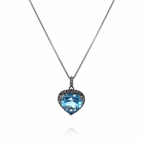 Lisa Nik 18k White Gold Heart Shaped Blue Topaz and Diamond Halo Pendant Necklace