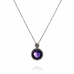 Lisa Nik 18k Yellow Gold Amethyst and Diamond Halo Pendant Necklace