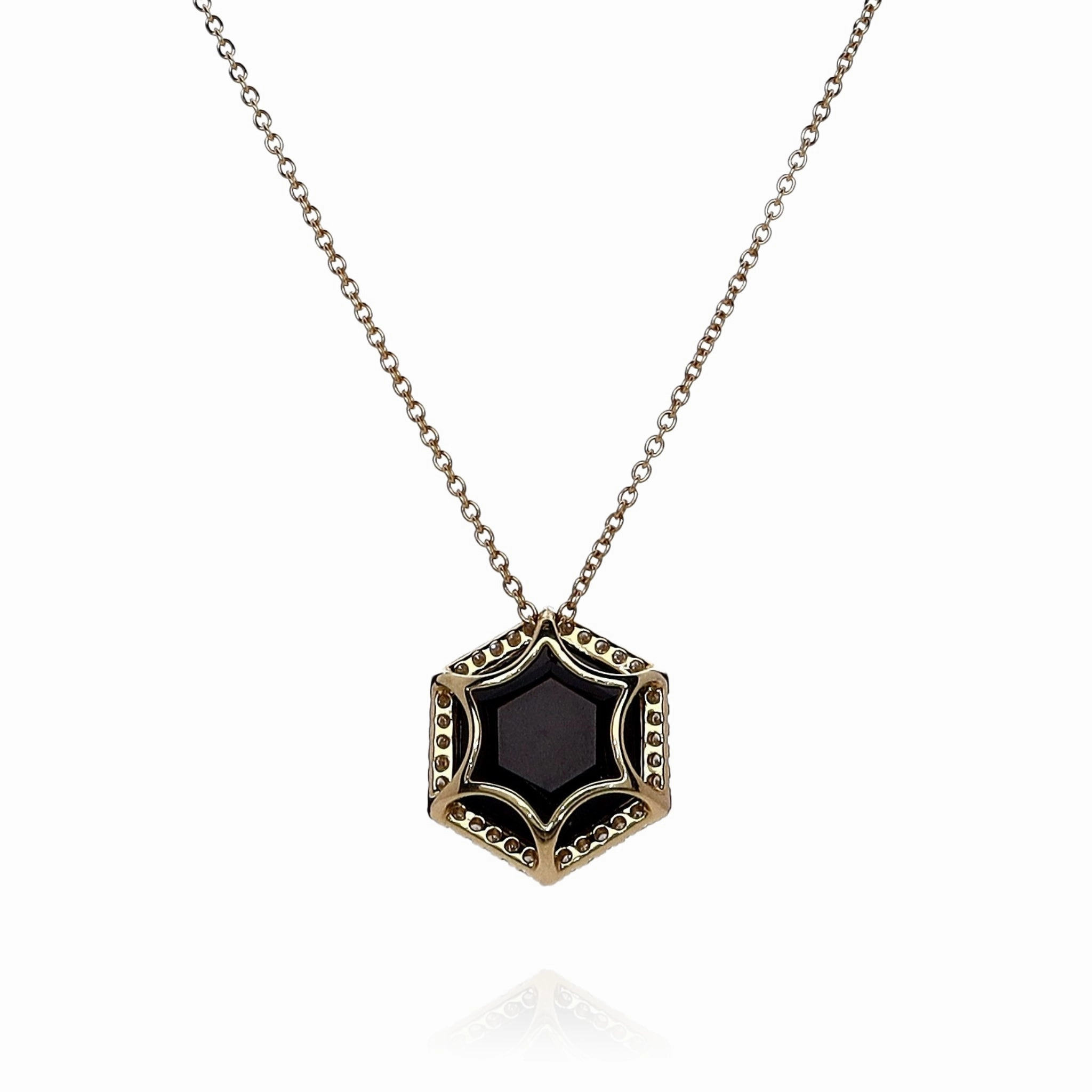 Lisa Nik 18k Yellow Gold Hexagonal Onyx and Diamond Halo Pendant Necklace