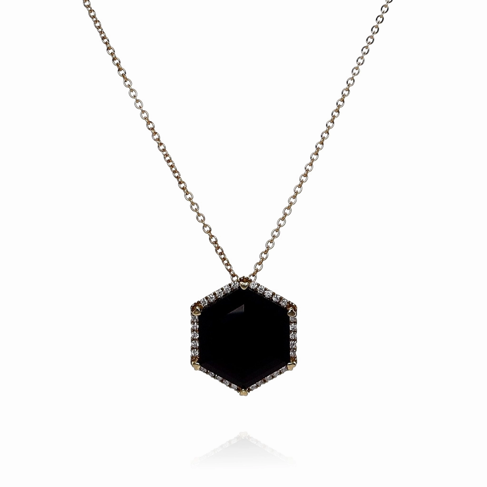 Lisa Nik 18k Yellow Gold Hexagonal Onyx and Diamond Halo Pendant Necklace