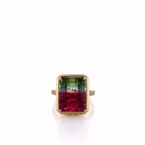 Lisa Nik 18k Yellow Gold Watermelon Tourmaline and Diamond Ring