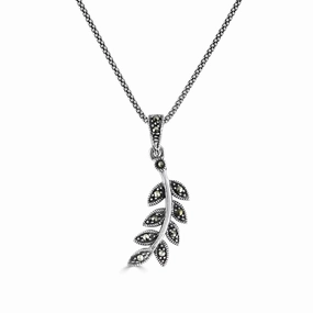 London Vintage Sterling Silver Marcasite Leaf Shape Pendant
