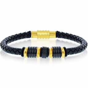 Men's Bracelet - Black and Gold Steel with Black Genuine Leather | ST-1624