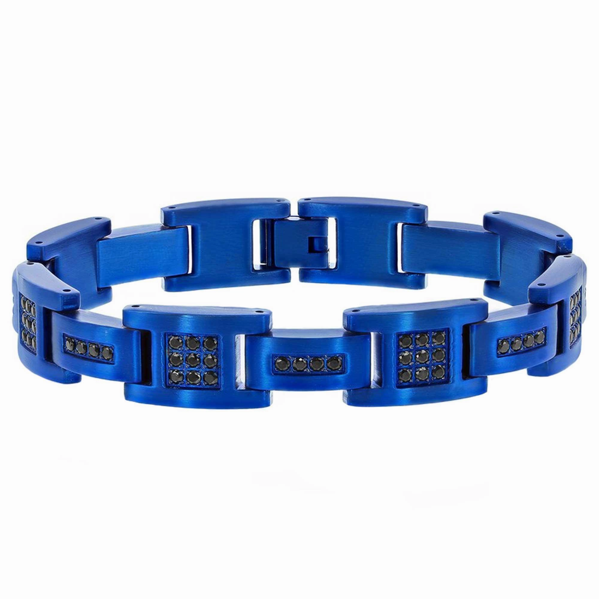 Men's Bracelet - Blue Plated Stainless Steel and Black CZ Link | ST-1610