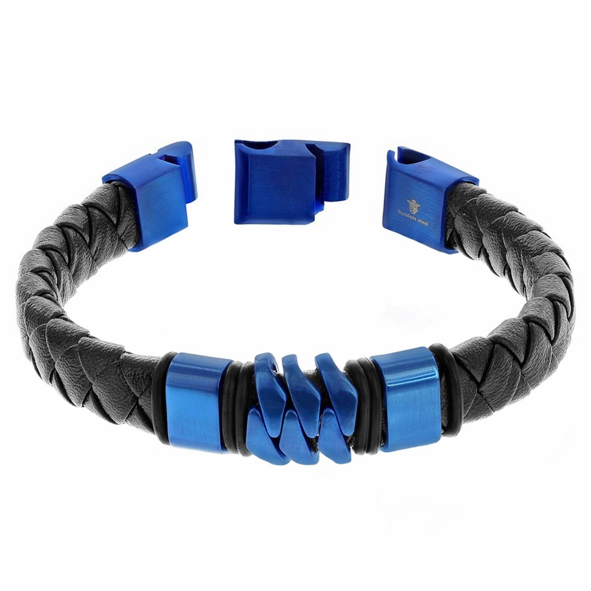 Men's Bracelet - Blue Stainless Steel and Genuine Black Leather | ST-1620