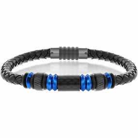 Men's Bracelet - Blue Steel with Black Carbon Fiber and Leather | ST-1619
