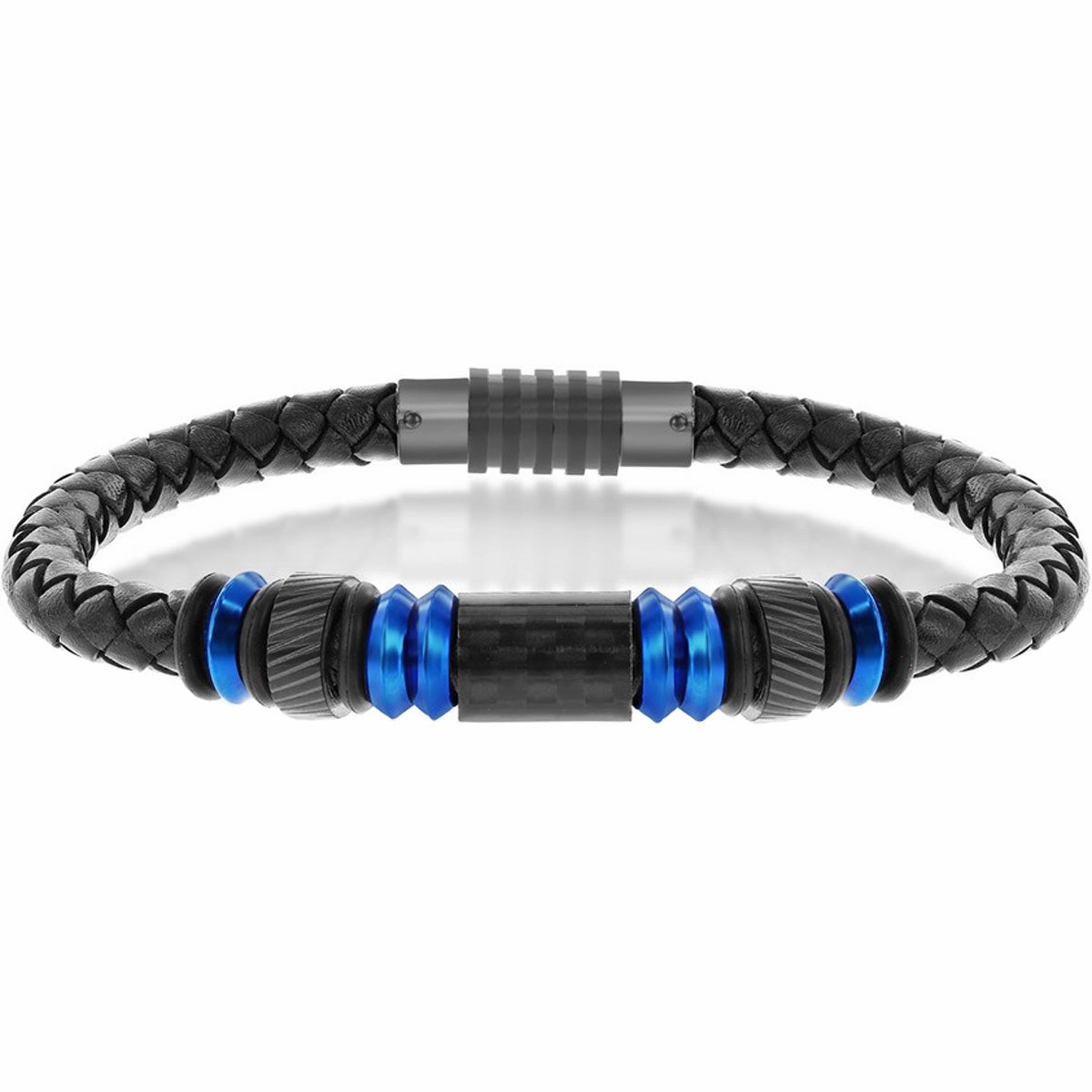 Men's Bracelet - Blue Steel with Black Carbon Fiber and Leather | ST-1619