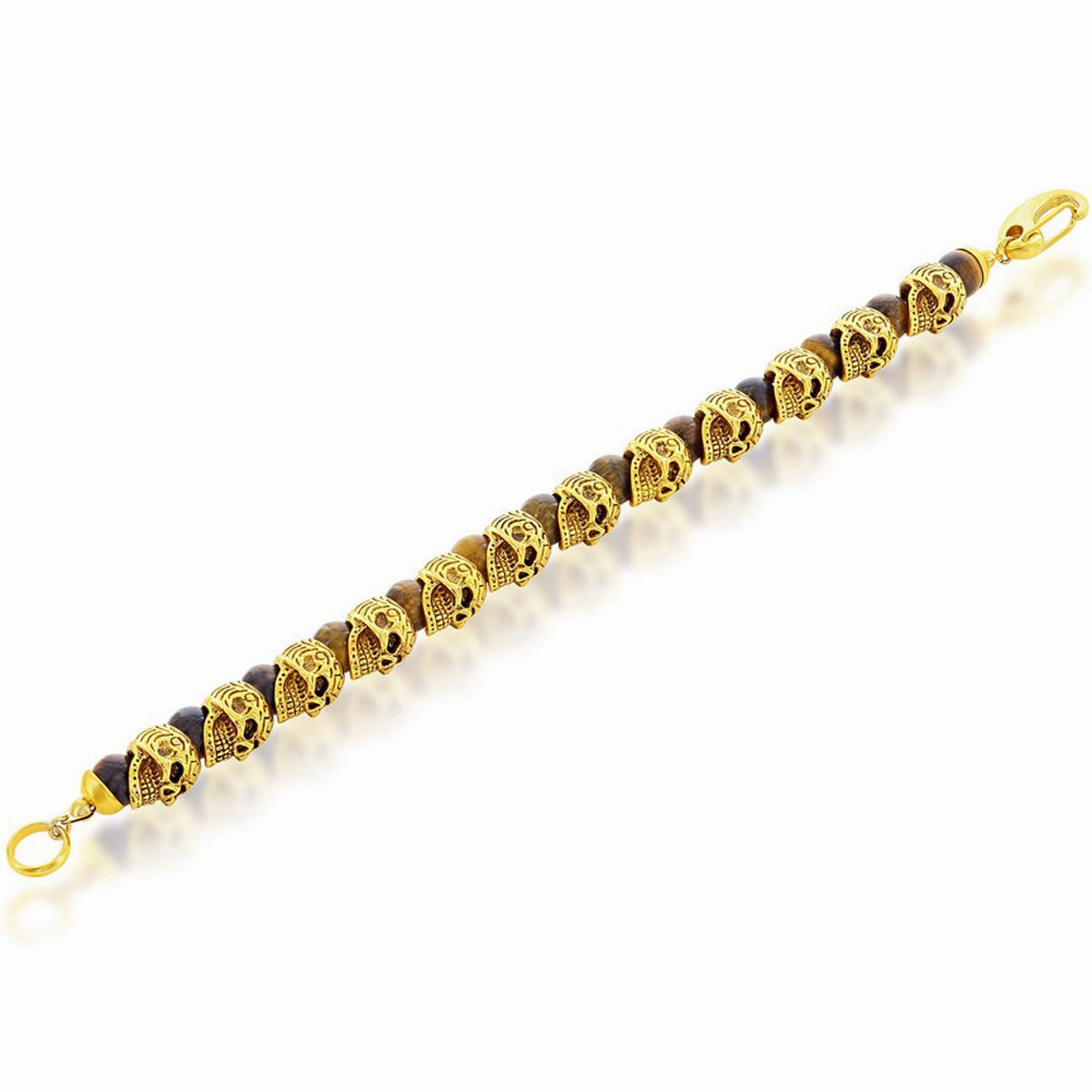 Men's Bracelet - Gold Tone Stainless Steel Tiger Eye Beads Skull | ST-1630