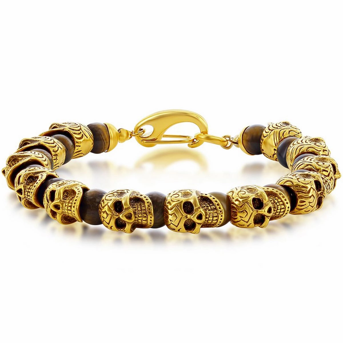 Men's Bracelet - Gold Tone Stainless Steel Tiger Eye Beads Skull | ST-1630