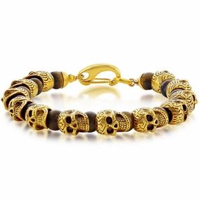 Men's Bracelet - Gold Tone Stainless Steel Tiger Eye Beads Skull | ST-1630