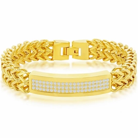Men's Bracelet - Gold Tone Steel Triple Row CZ ID Double Franco | ST-1634