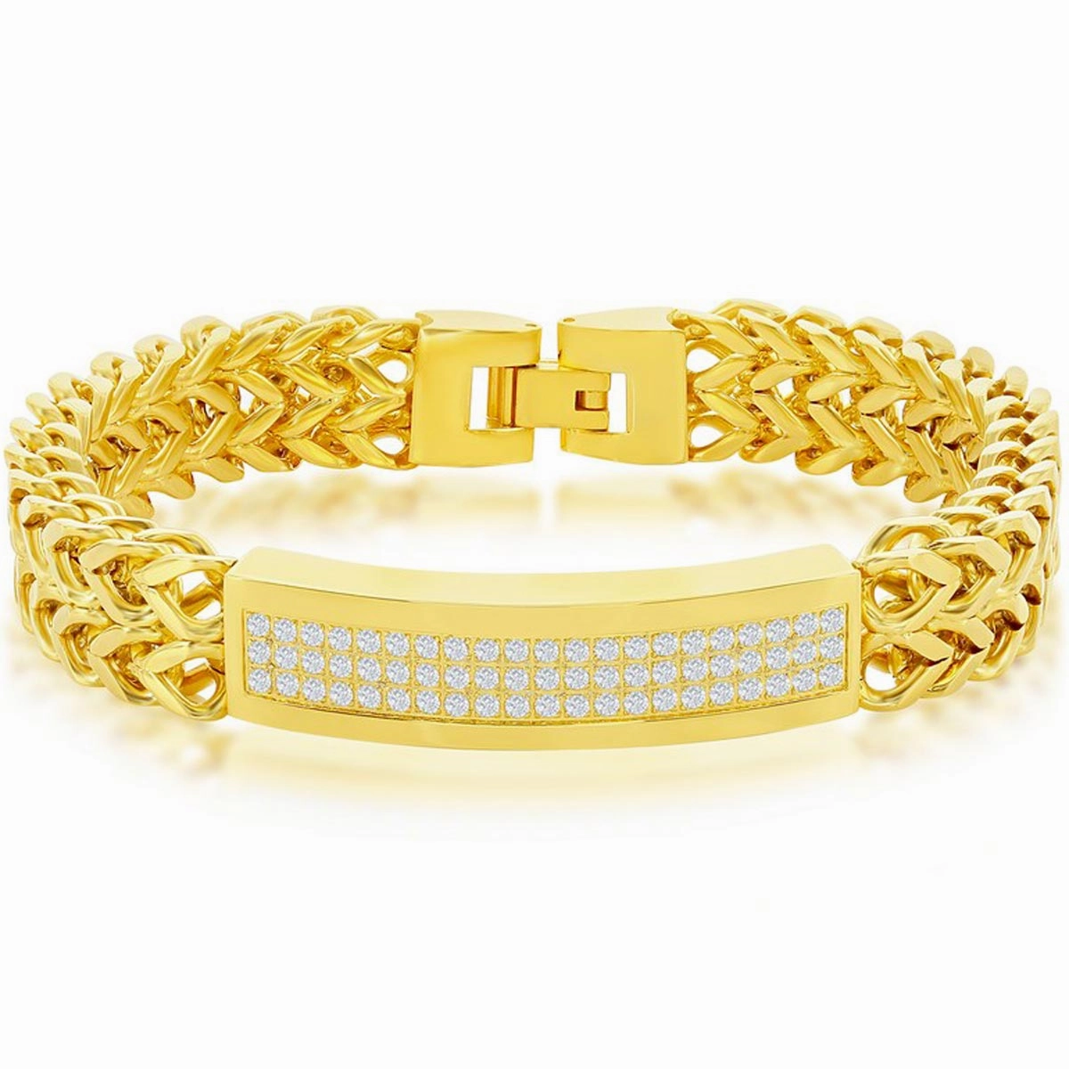 Men's Bracelet - Gold Tone Steel Triple Row CZ ID Double Franco | ST-1634