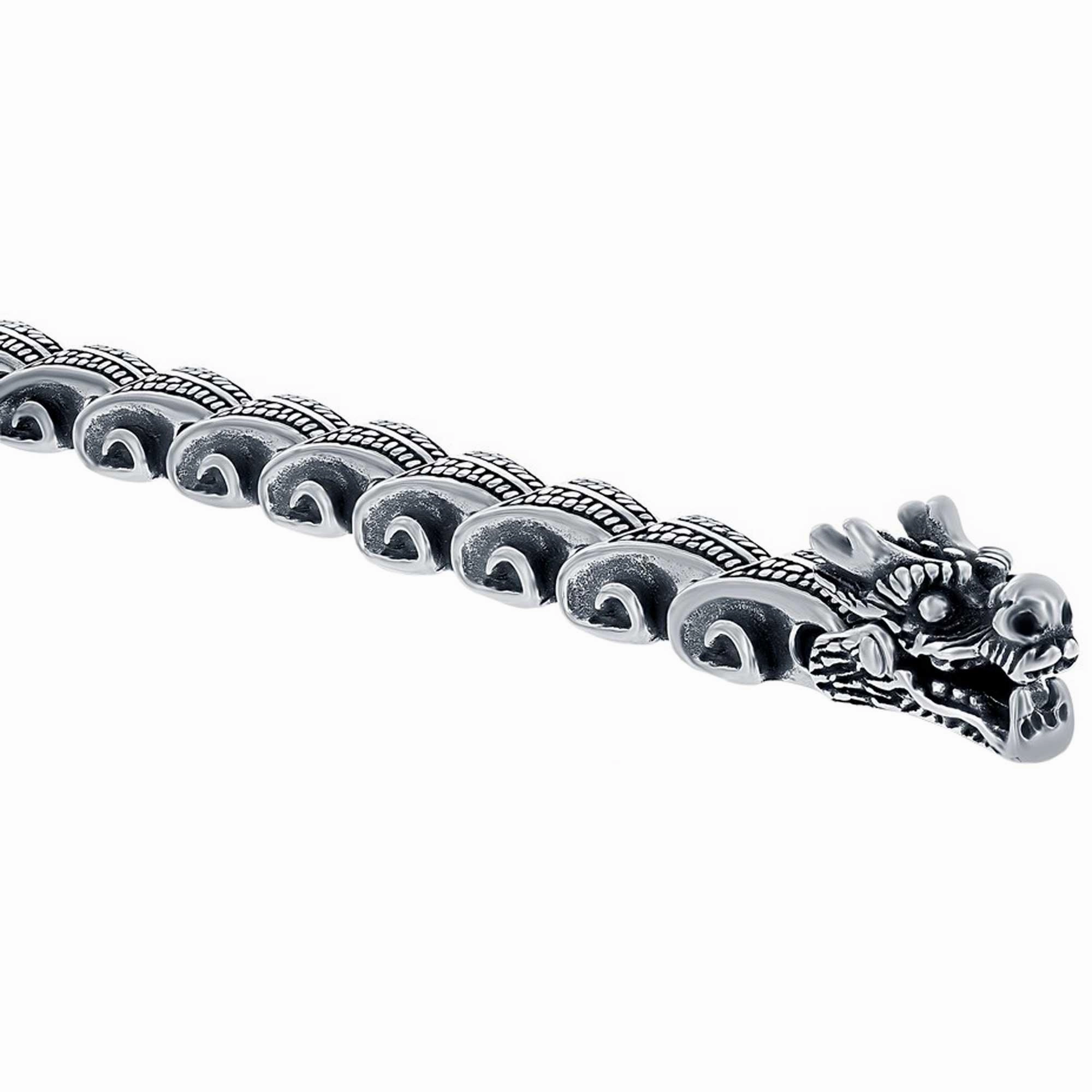 Men's Bracelet - Silver Stainless Steel Oxidized Dragon Design | ST-1618