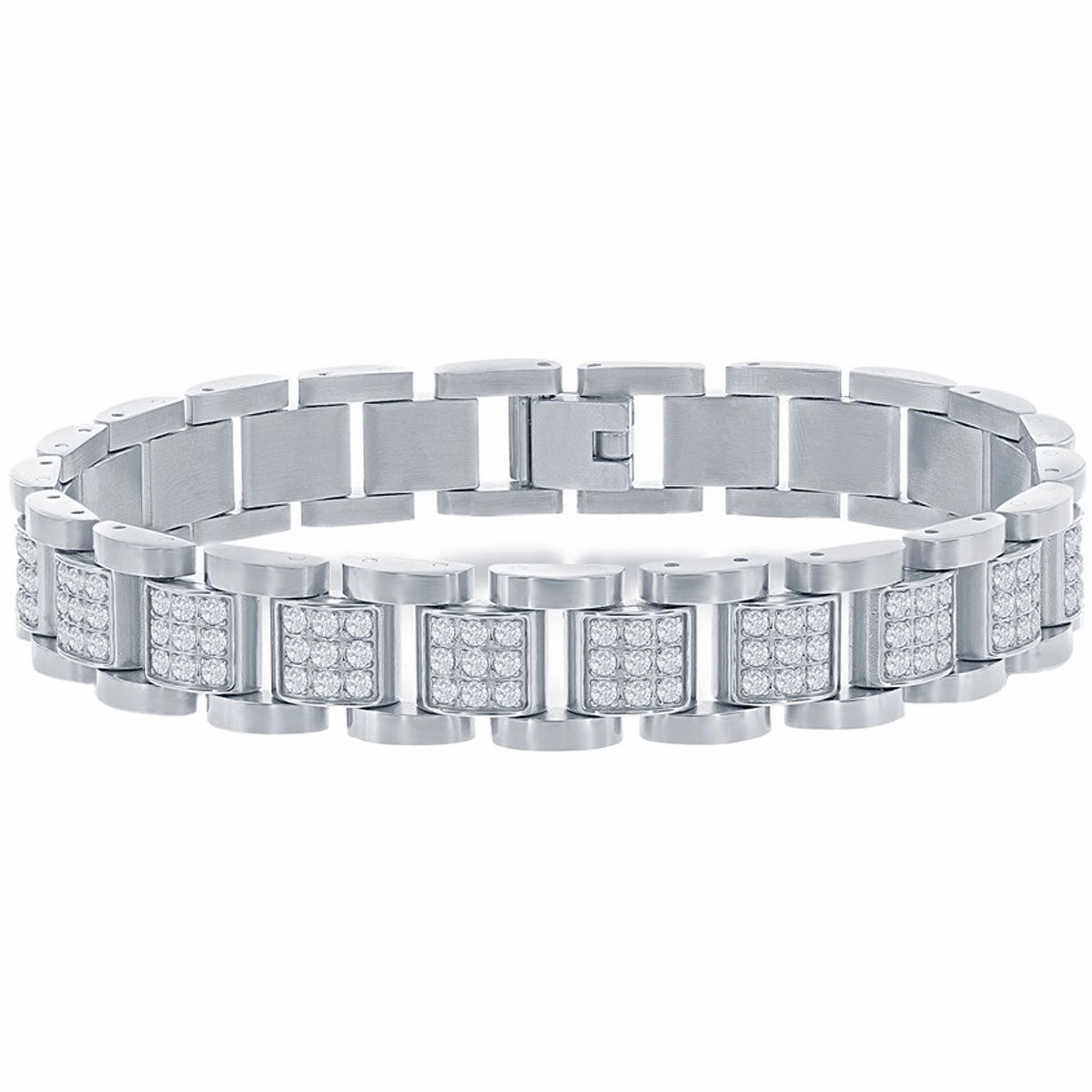 Men's Bracelet - Silver Stainless Steel White CZ Square Link | ST-1613