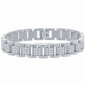Men's Bracelet - Silver Stainless Steel White CZ Square Link | ST-1613