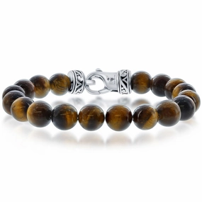 Men's Bracelet - Stainless Steel 10mm Brown Tiger Eye Stone Beaded | ST-1606