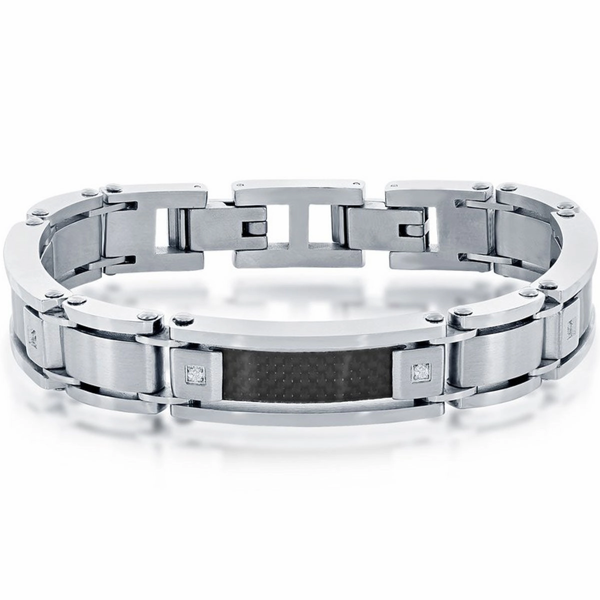 Men's Bracelet - Stainless Steel and Black Carbon Fiber Link CZ | ST-1633
