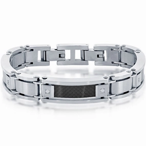 Men's Bracelet - Stainless Steel and Black Carbon Fiber Link CZ | ST-1633