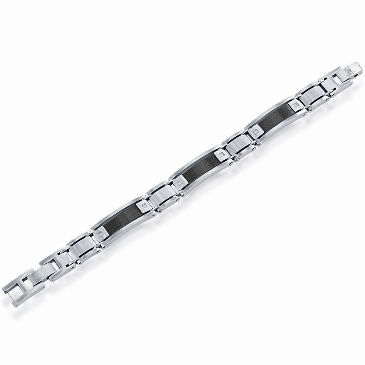 Men's Bracelet - Stainless Steel and Black Carbon Fiber Link CZ | ST-1633