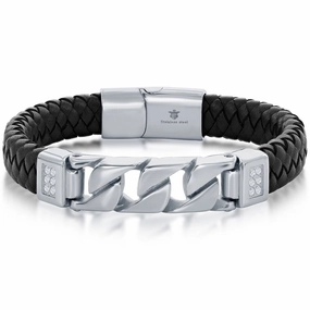 Men's Bracelet - Stainless Steel and Black Leather Curb Link | ST-1631