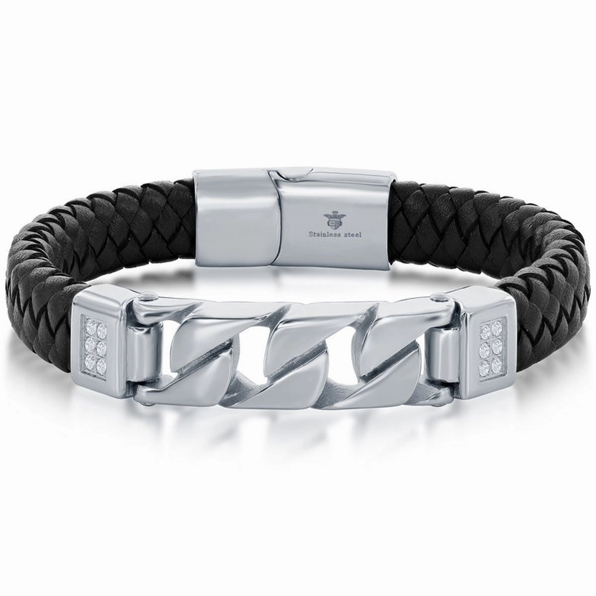 Men's Bracelet - Stainless Steel and Black Leather Curb Link | ST-1631