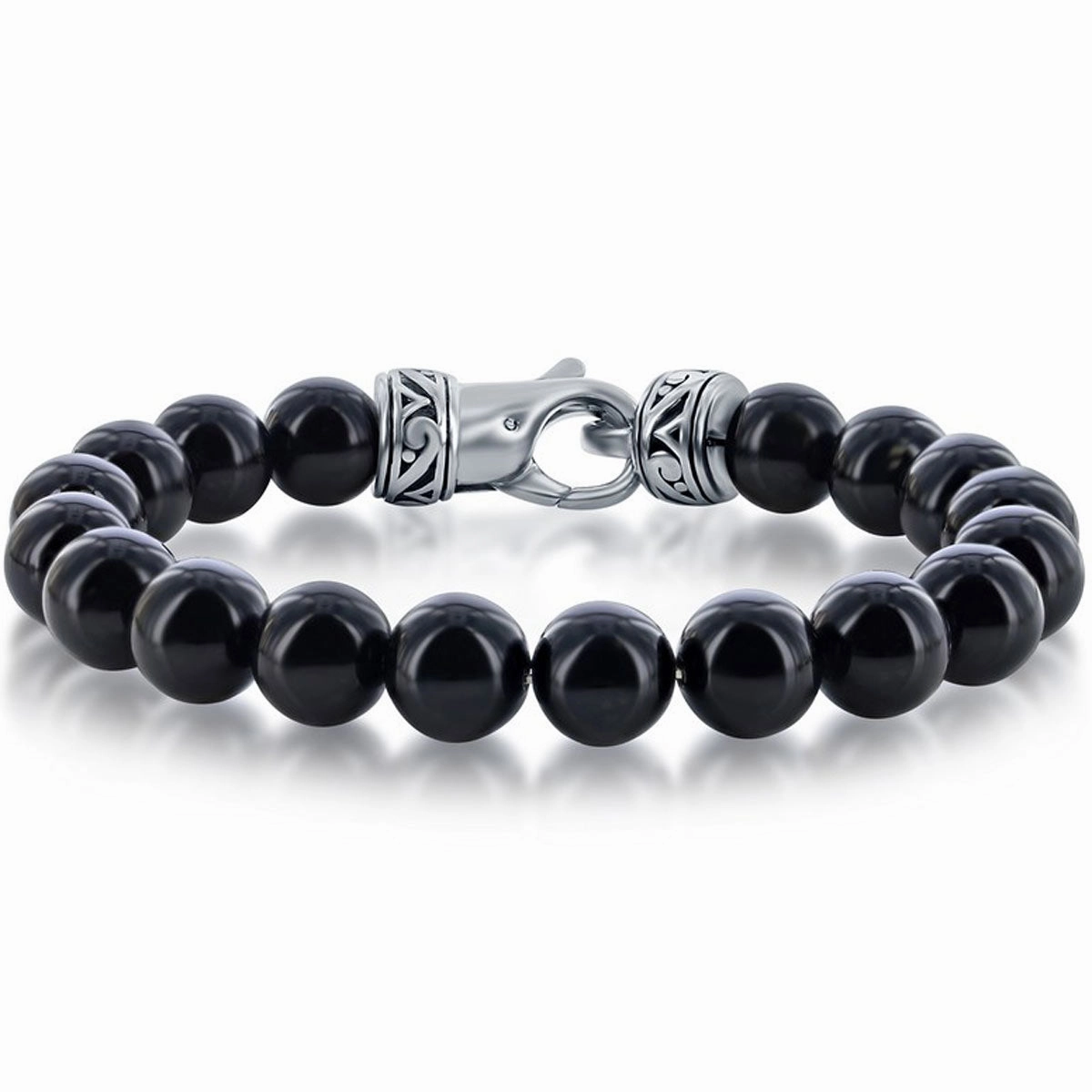 Men's Bracelet - Stainless Steel Genuine Black Onyx 10mm Bead | ST-1627