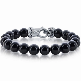 Men's Bracelet - Stainless Steel Genuine Black Onyx 10mm Bead | ST-1627