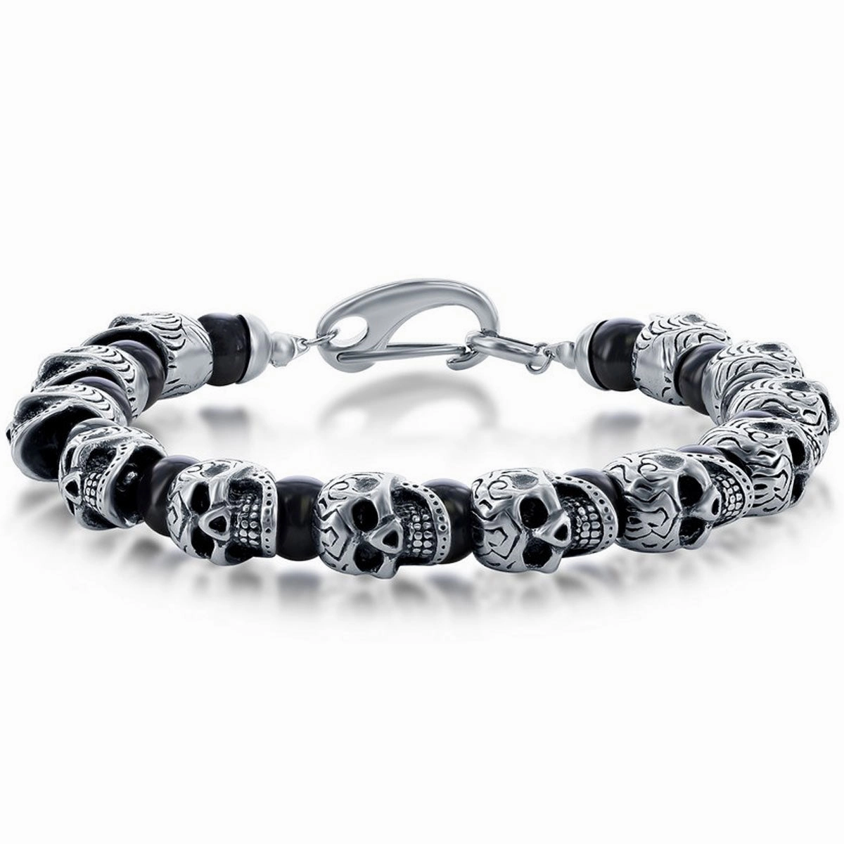 Men's Bracelet - Stainless Steel Genuine Black Onyx Beads Skull | ST-1629