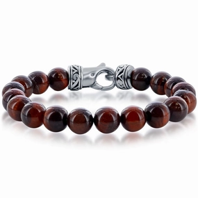 Men's Bracelet - Stainless Steel Genuine Red Tiger Eye 10mm Bead | ST-1626
