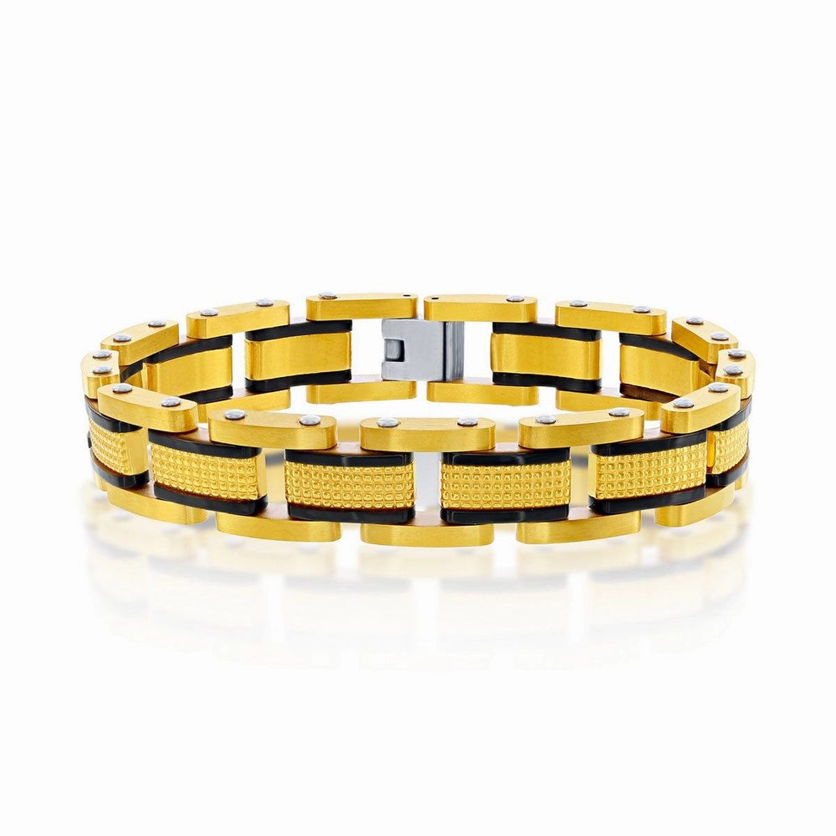 Men's Bracelet - Stainless Steel Gold and Black Textured Link | ST-1588