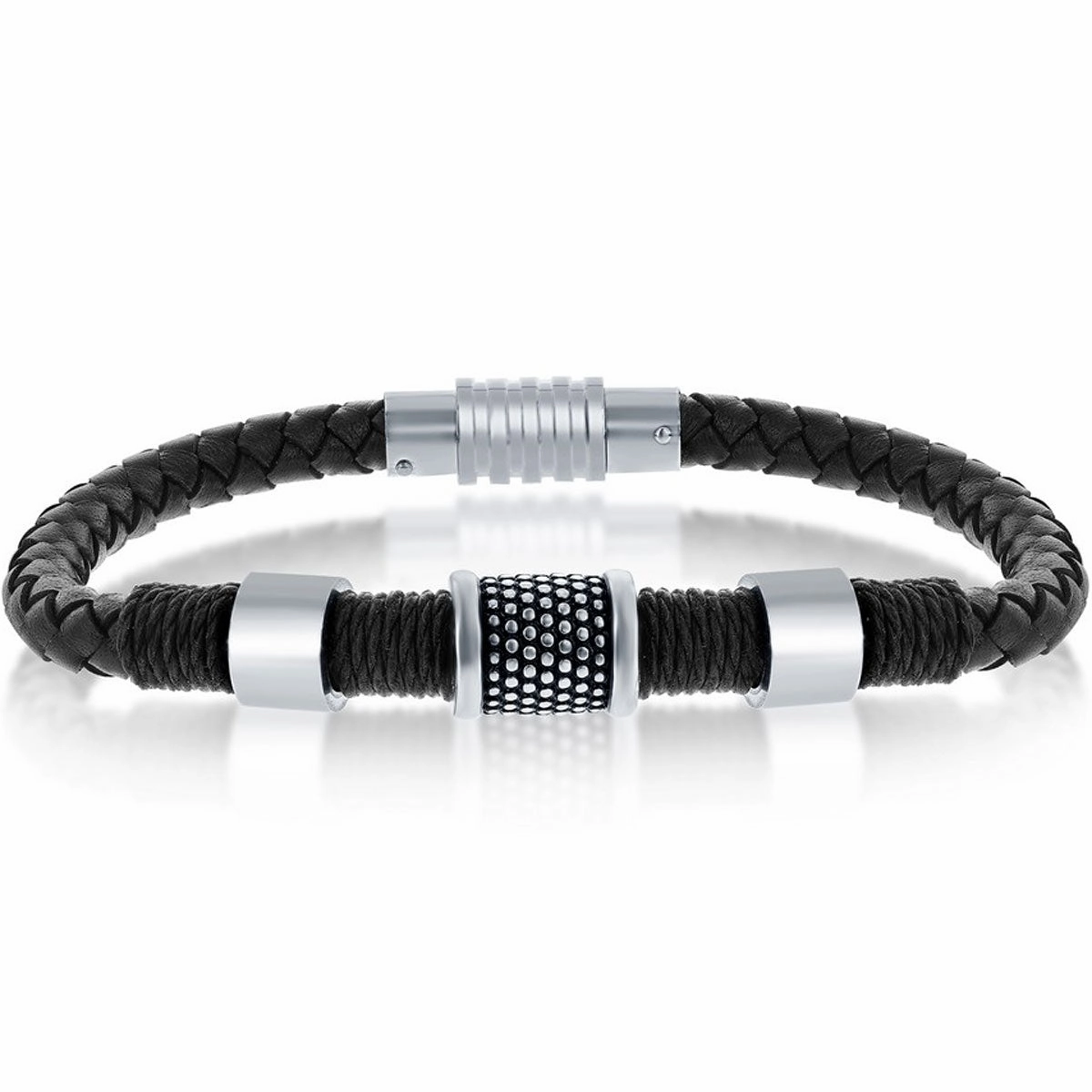 Men's Bracelet - Stainless Steel Oxidized Rope Design Leather | ST-1622