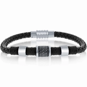 Men's Bracelet - Stainless Steel Oxidized Rope Design Leather | ST-1622