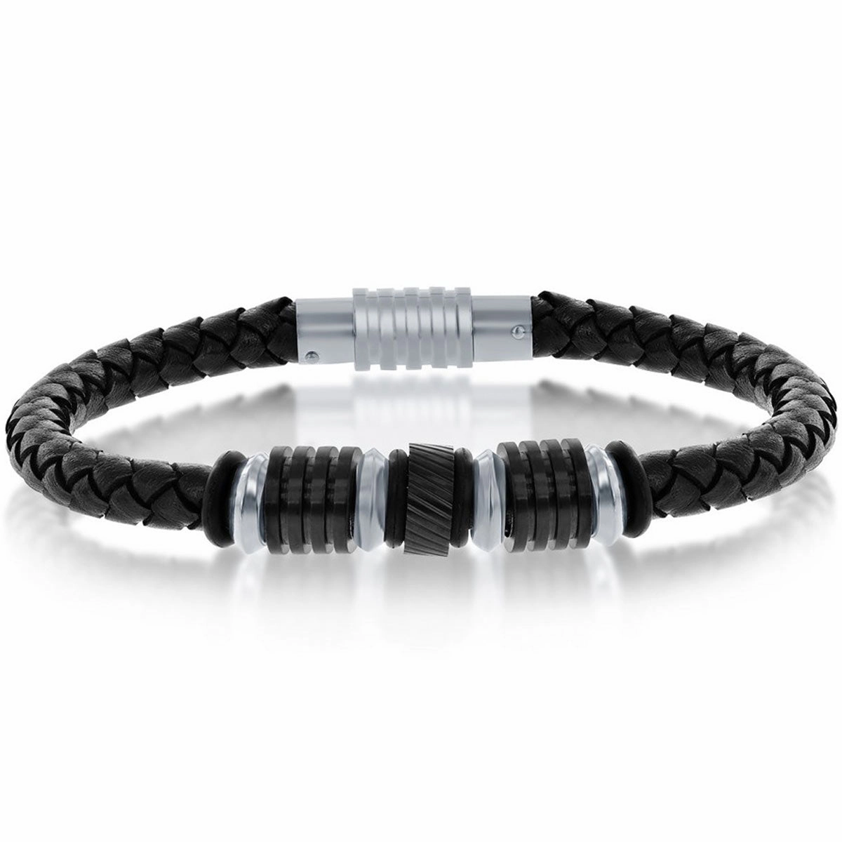 Men's Bracelet - Two Tone Stainless Steel Genuine Black Leather | ST-1623