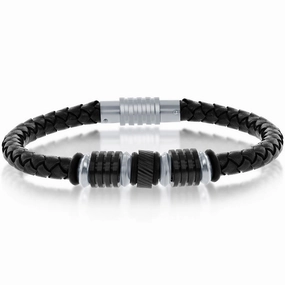 Men's Bracelet - Two Tone Stainless Steel Genuine Black Leather | ST-1623