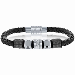 Men's Bracelet - Two Tone Stainless Steel with Black CZ Leather | ST-1621