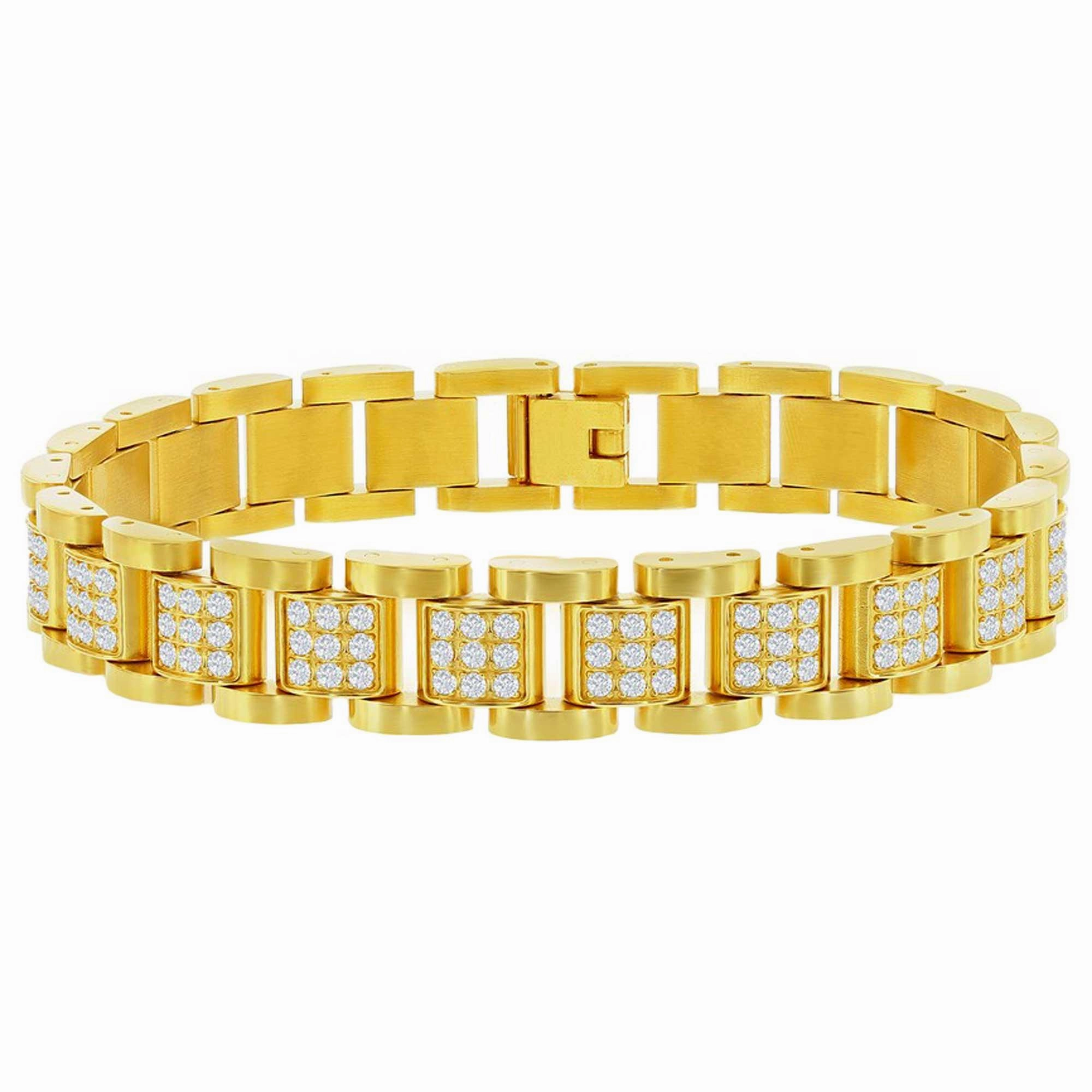 Men's Bracelet - YG Plated Stainless Steel CZ Pave Square Link | ST-1614