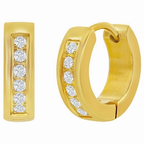 Men's Earrings - Gold Plated Steel 13mm Huggie Hoop Single Row CZ | SA-6078