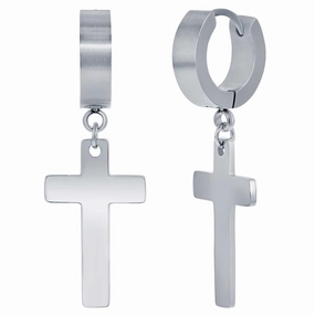 Men's Earrings - Stainless Steel Cross Charm Polished Huggie Hoop | SA-6084