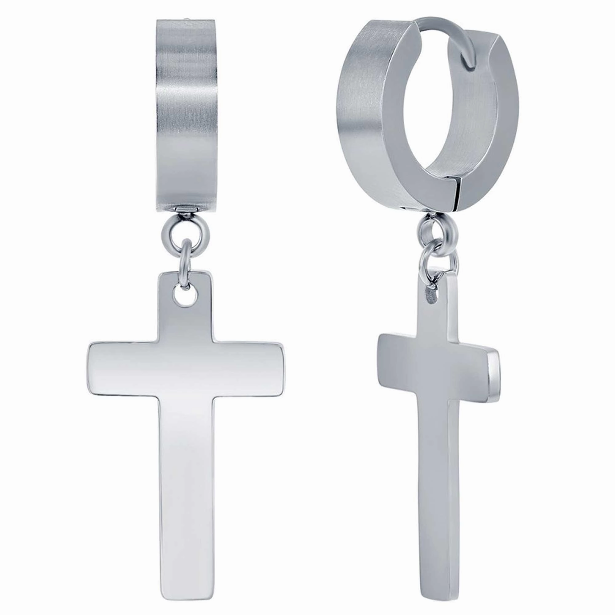 Men's Earrings - Stainless Steel Cross Charm Polished Huggie Hoop | SA-6084